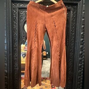 Free People Brown Suede Flare Pants with Cutout Design